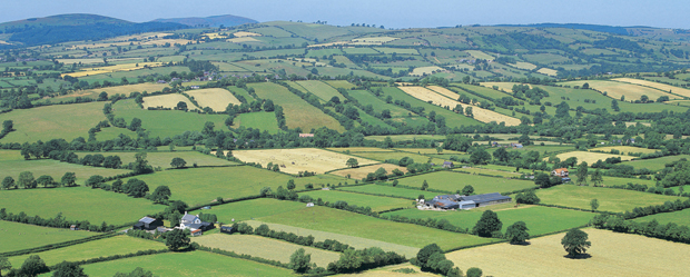 View from above Llanhedric House across the Clun valley.  Views from the Shropshire Way walk, which you join straight from the house. 